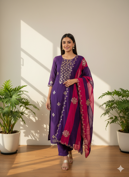 Royal Orchid Embroidered Kurti Set with Dupatta