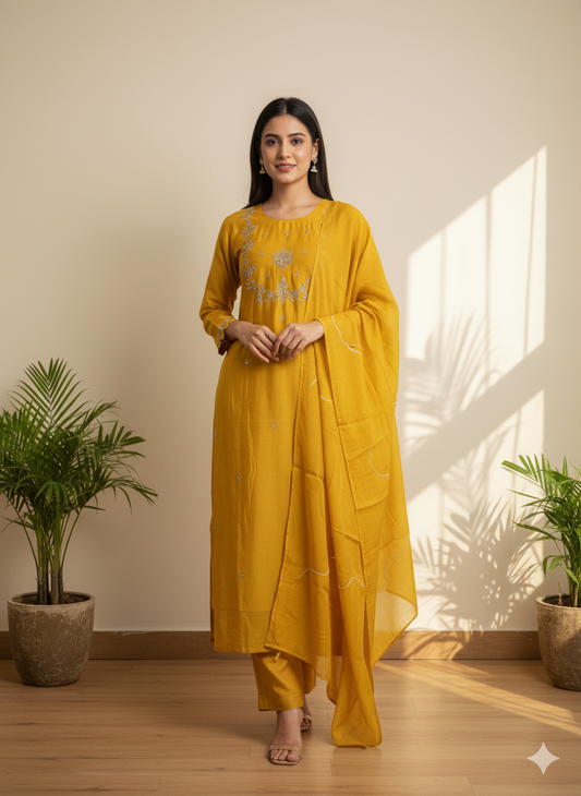 Golden Glow Embroidered Kurti Set with Dupatta