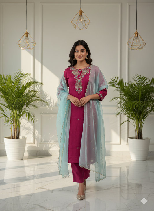Fuchsia Elegance Embroidered Kurti Set with Aqua Dupatta