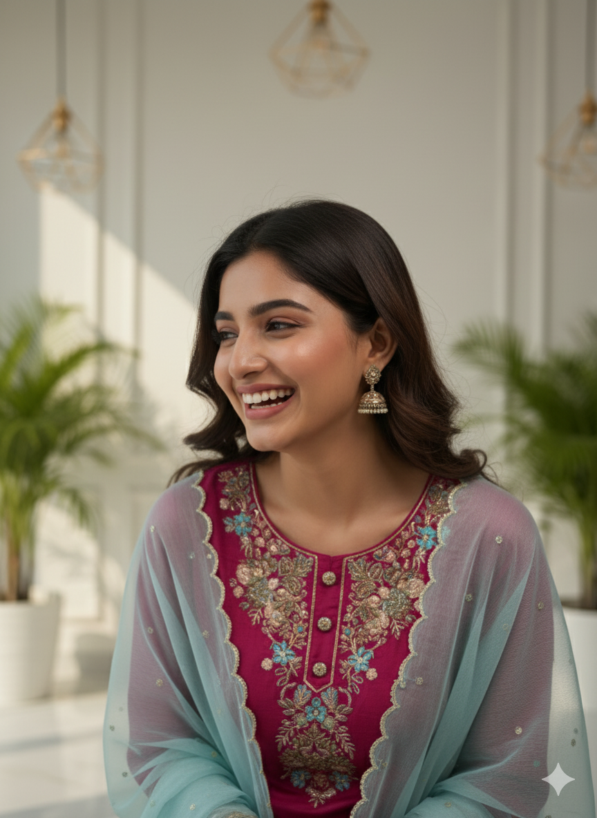 Fuchsia Elegance Embroidered Kurti Set with Aqua Dupatta