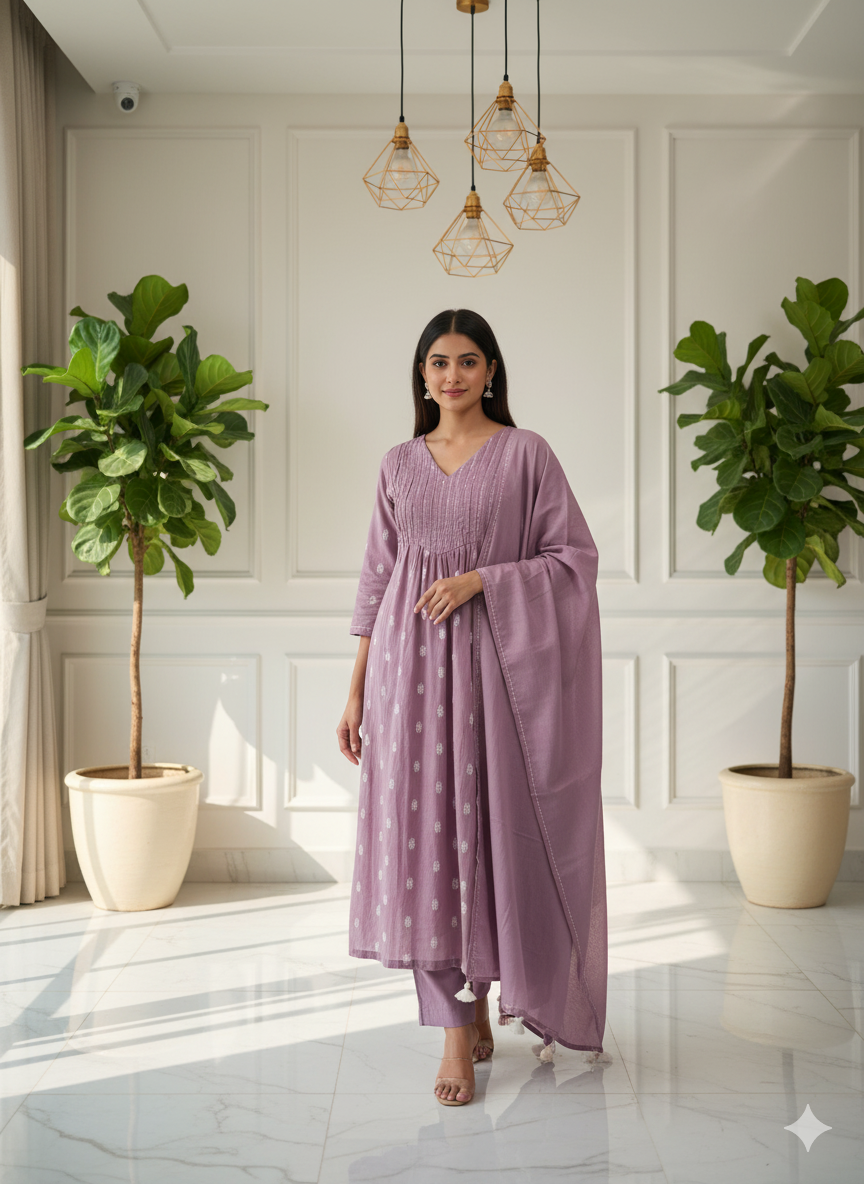 Lavender Grace Pleated Kurti Set with Dupatta