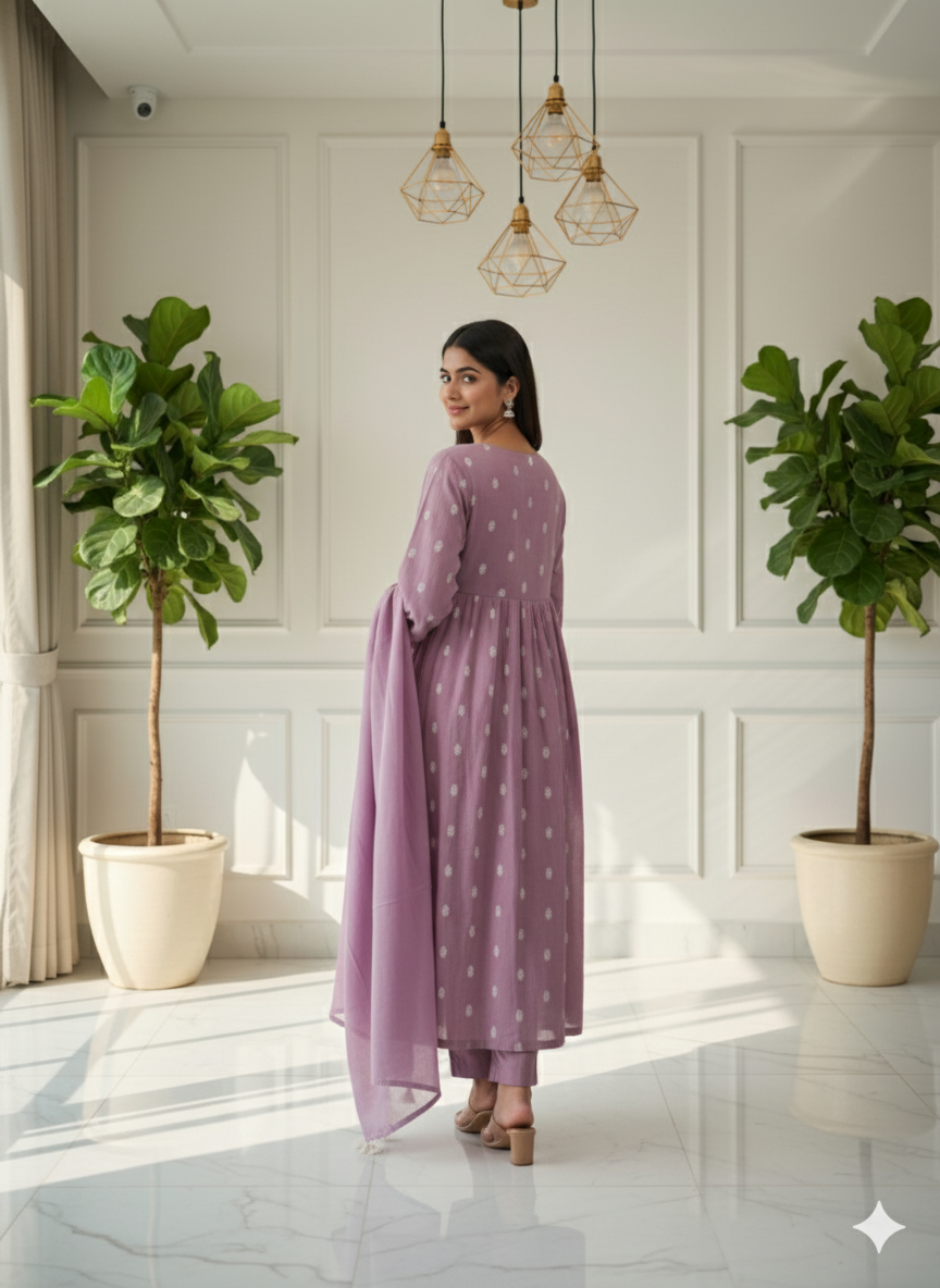 Lavender Grace Pleated Kurti Set with Dupatta