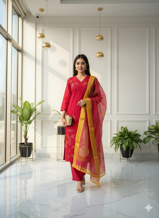 Scarlet Radiance Kurti Set with Golden Dupatta