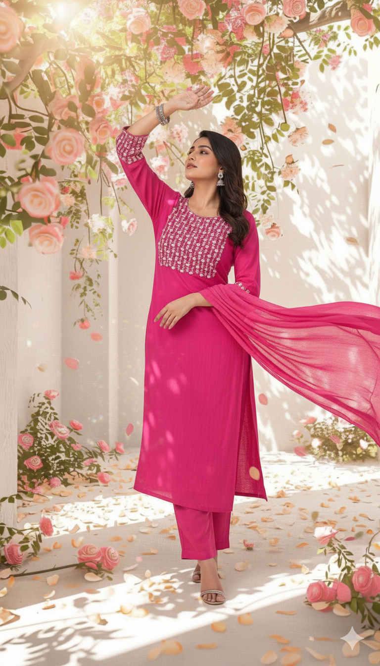 Fuchsia Bloom Embroidered Kurti Set with Dupatta