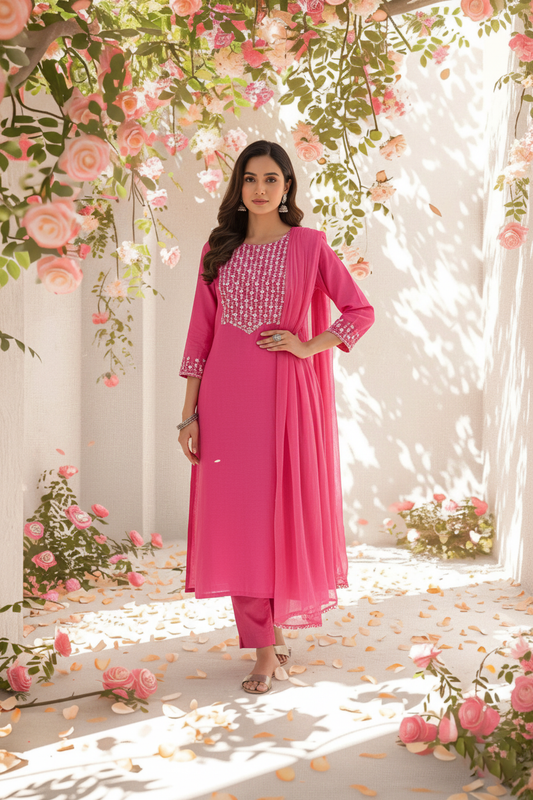 Fuchsia Bloom Embroidered Kurti Set with Dupatta