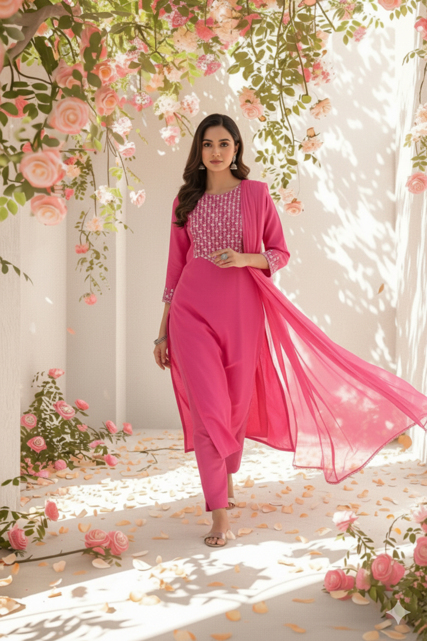 Fuchsia Bloom Embroidered Kurti Set with Dupatta