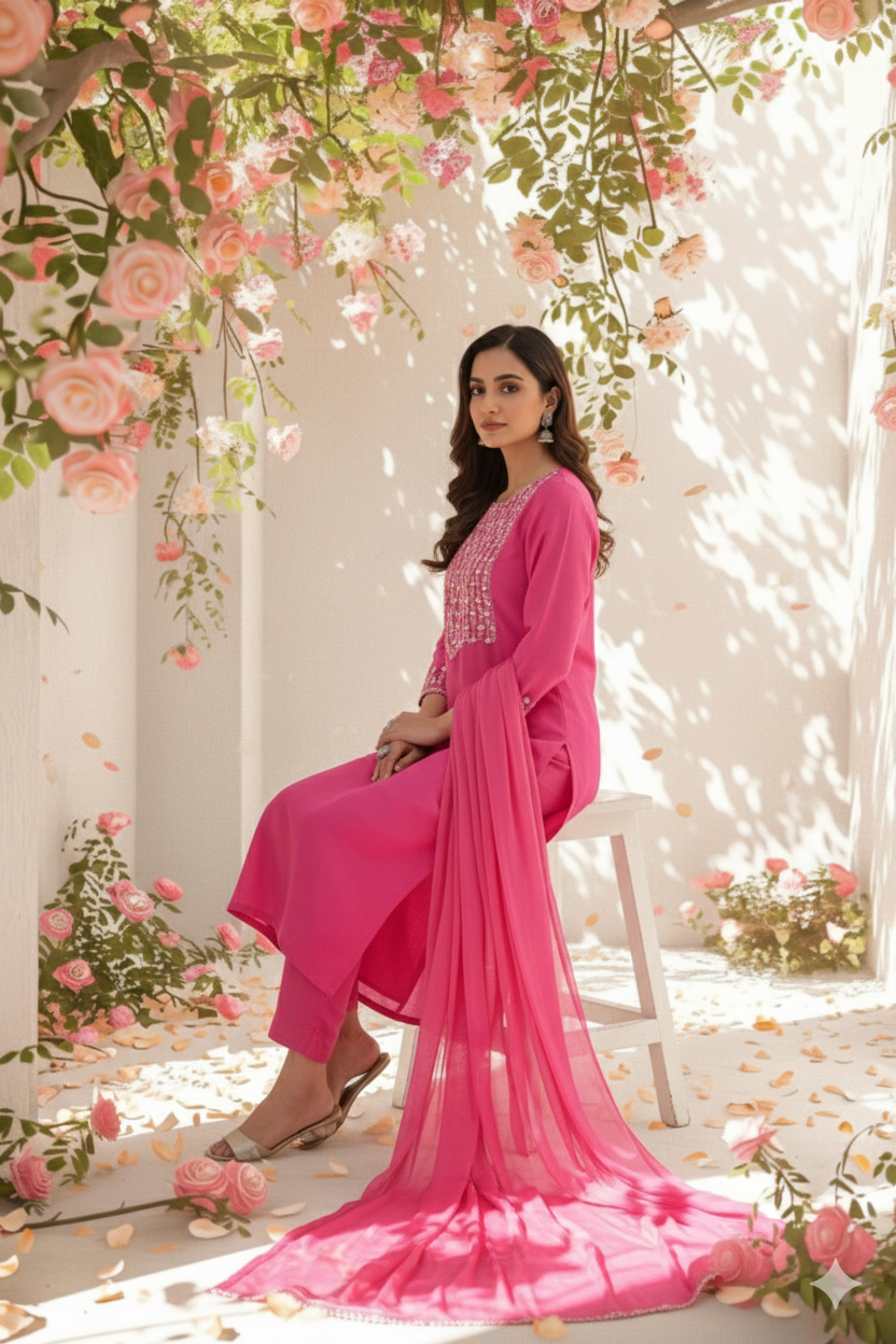 Fuchsia Bloom Embroidered Kurti Set with Dupatta