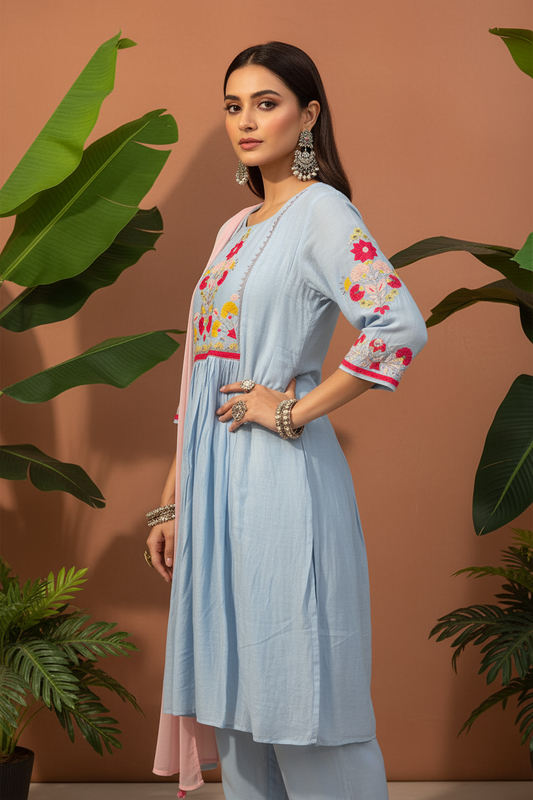 Sky Charm Embroidered Kurti Set with Dupatta