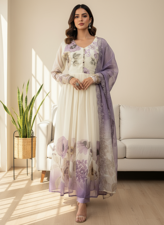 Lavender Mist Floral Anarkali Set with Dupatta