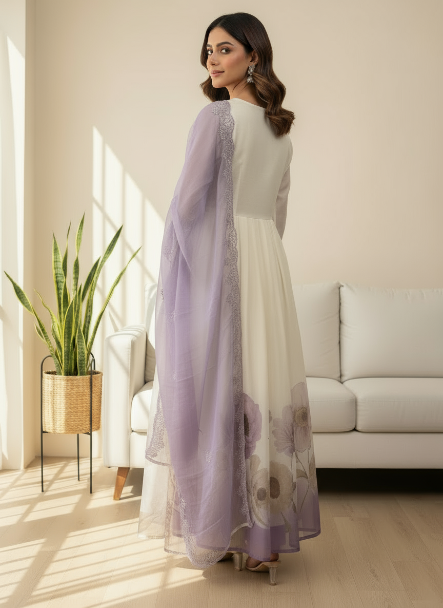 Lavender Mist Floral Anarkali Set with Dupatta
