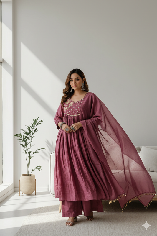 Plum Elegance Embroidered Anarkali Set with Dupatta