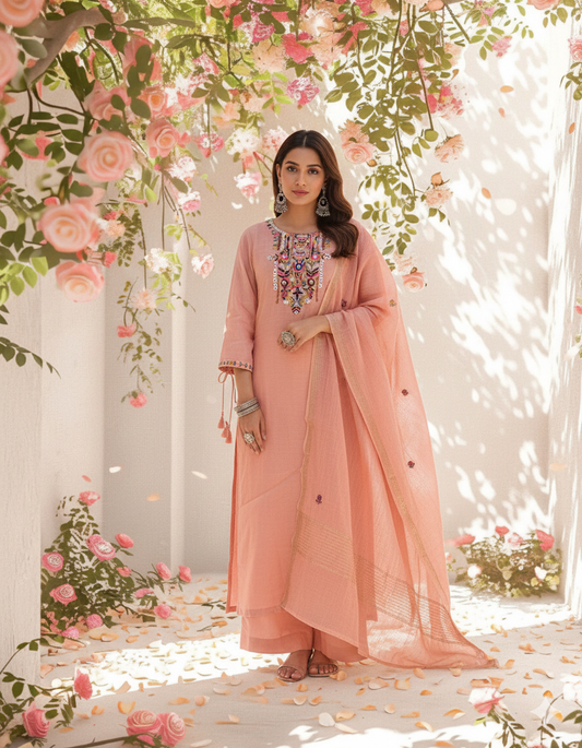 Blush Bloom Embroidered Kurti Set with Dupatta