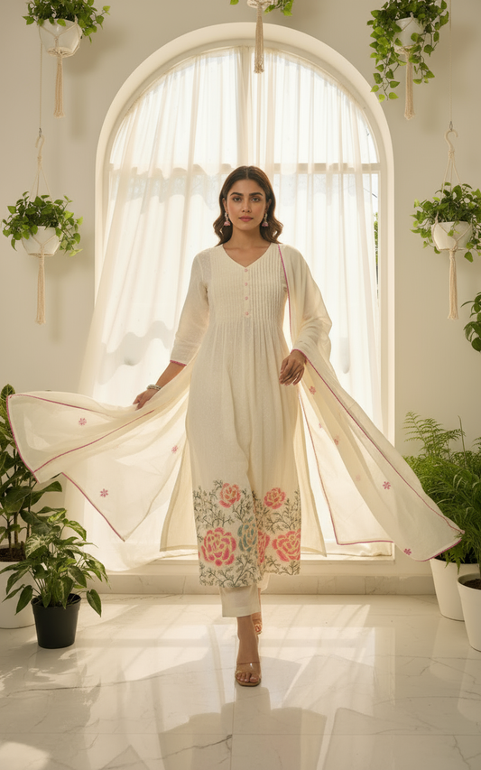 Ivory Bloom Embroidered Kurti Set with Dupatta