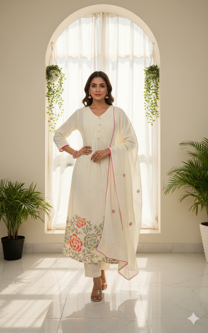 Ivory Bloom Embroidered Kurti Set with Dupatta