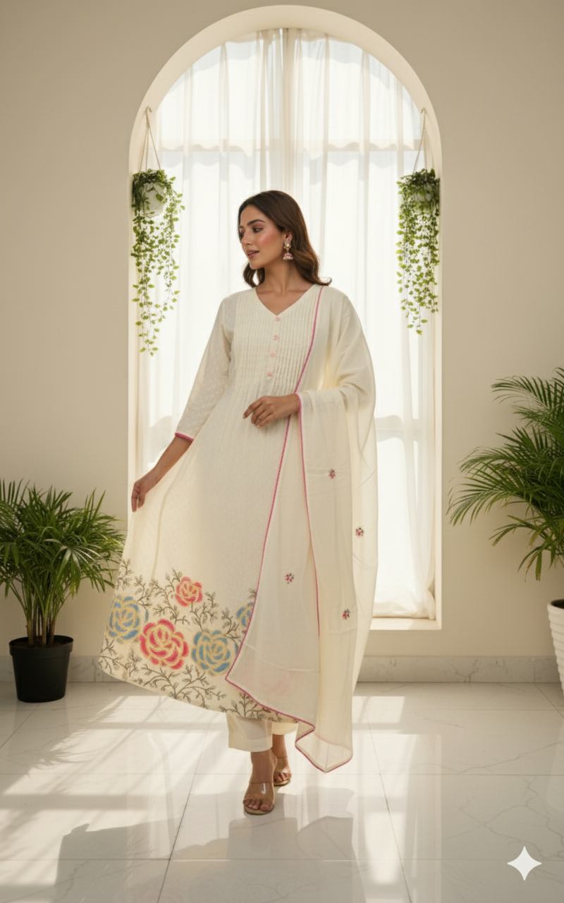 Ivory Bloom Embroidered Kurti Set with Dupatta