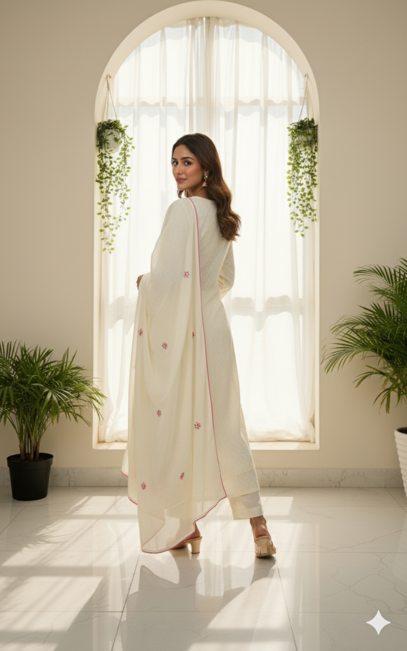 Ivory Bloom Embroidered Kurti Set with Dupatta