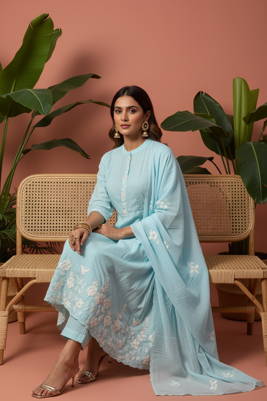 Azure Bloom Embroidered Kurti Set with Dupatta