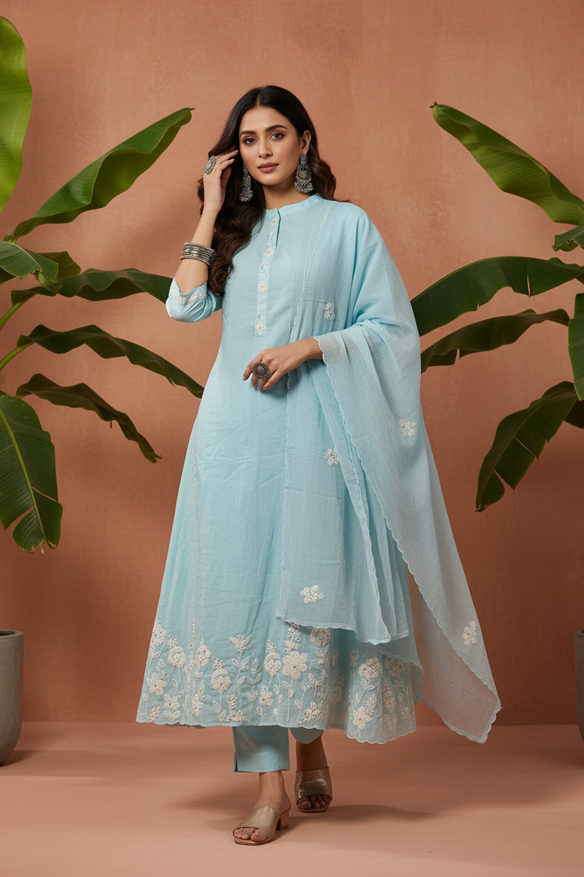 Azure Bloom Embroidered Kurti Set with Dupatta