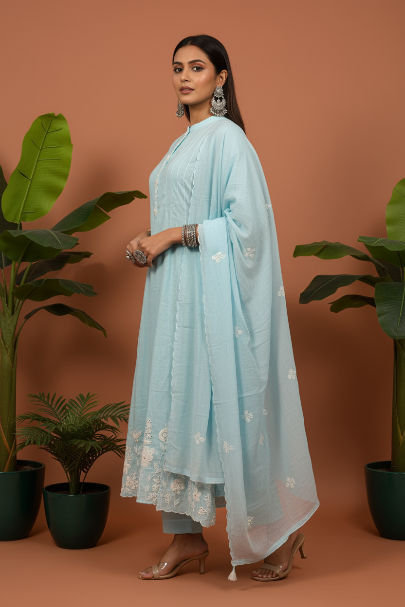 Azure Bloom Embroidered Kurti Set with Dupatta
