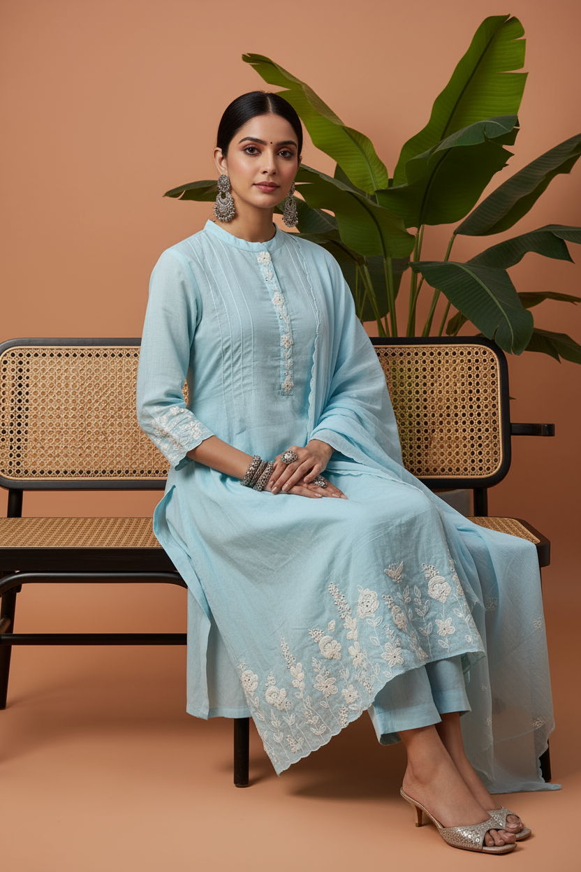 Azure Bloom Embroidered Kurti Set with Dupatta