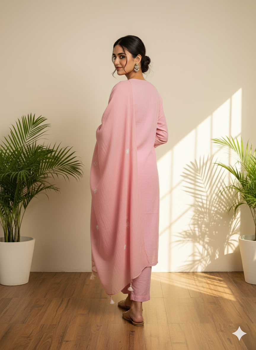 Blush Mirrorwork Embroidered Kurti Set with Dupatta