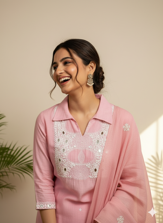 Blush Mirrorwork Embroidered Kurti Set with Dupatta