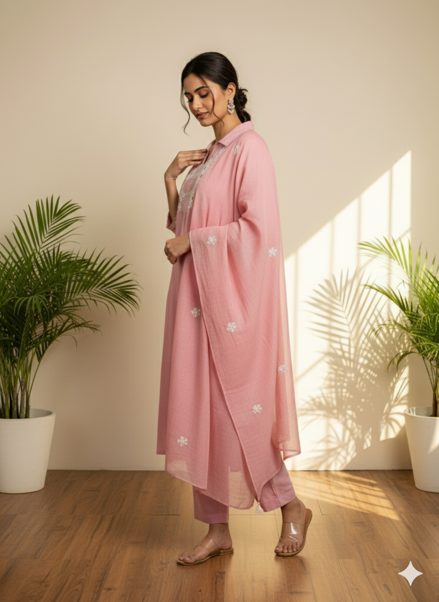Blush Mirrorwork Embroidered Kurti Set with Dupatta