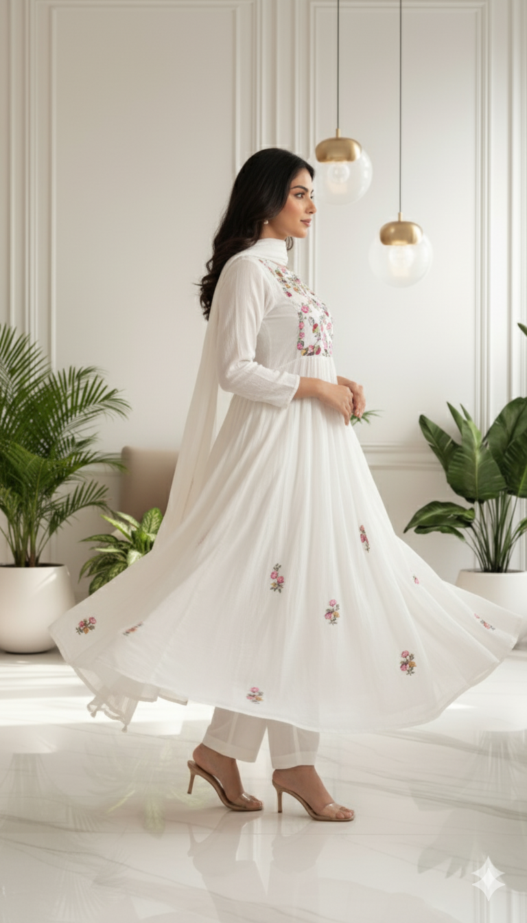 Ivory Blossom Embroidered Anarkali Set with Dupatta