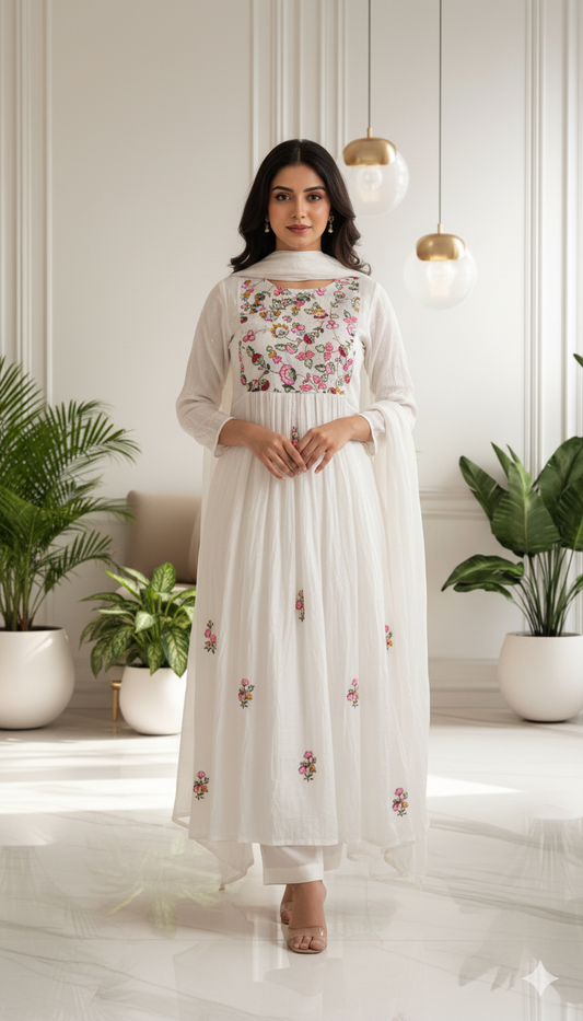 Ivory Blossom Embroidered Anarkali Set with Dupatta