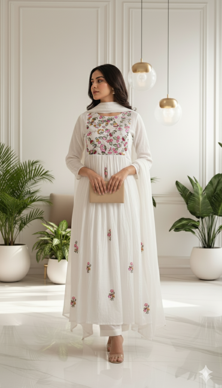 Ivory Blossom Embroidered Anarkali Set with Dupatta