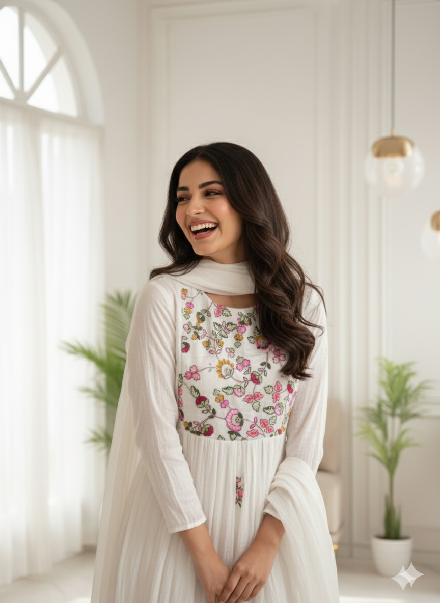 Ivory Blossom Embroidered Anarkali Set with Dupatta