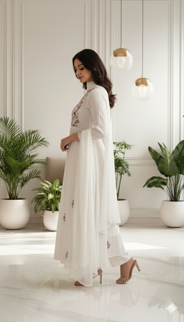 Ivory Blossom Embroidered Anarkali Set with Dupatta