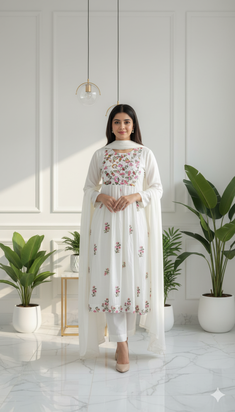 Ivory Blossom Embroidered Anarkali Set with Dupatta