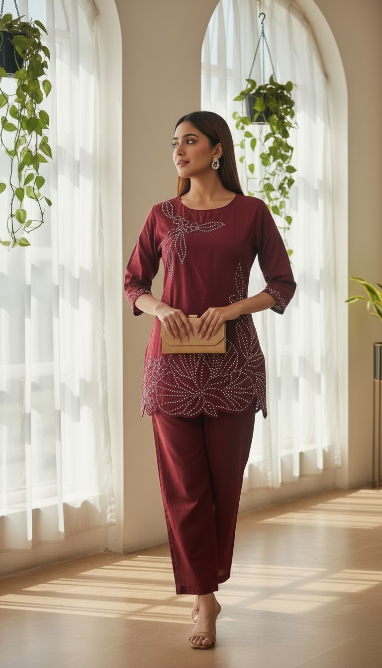 Crimson Glow Embellished Co-ord Set