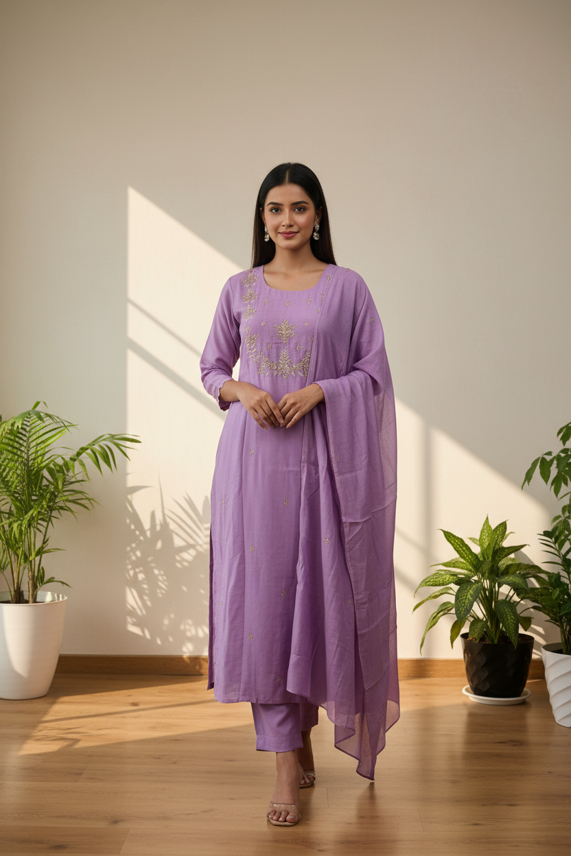 Lavender Grace Embroidered Kurti Set with Dupatta