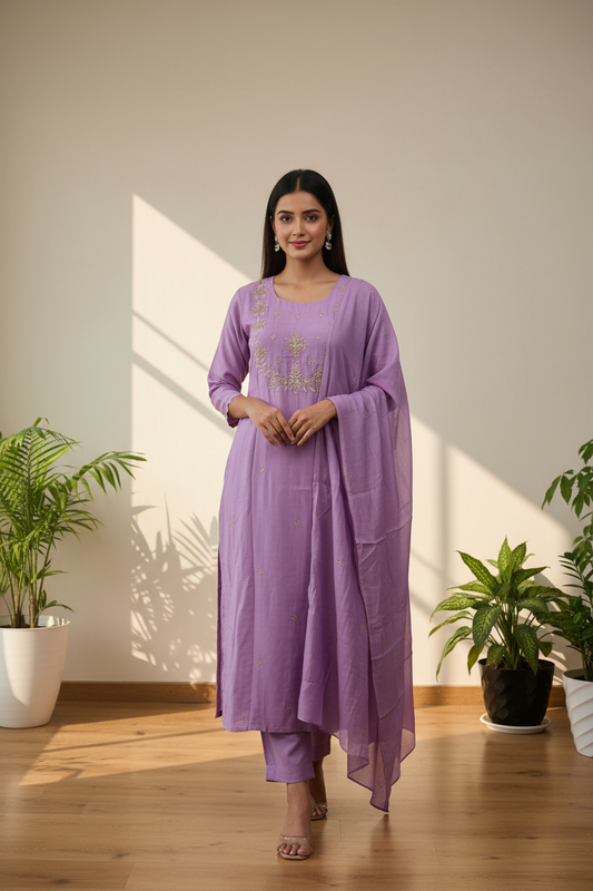 Lavender Grace Embroidered Kurti Set with Dupatta