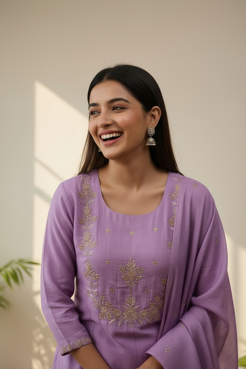 Lavender Grace Embroidered Kurti Set with Dupatta