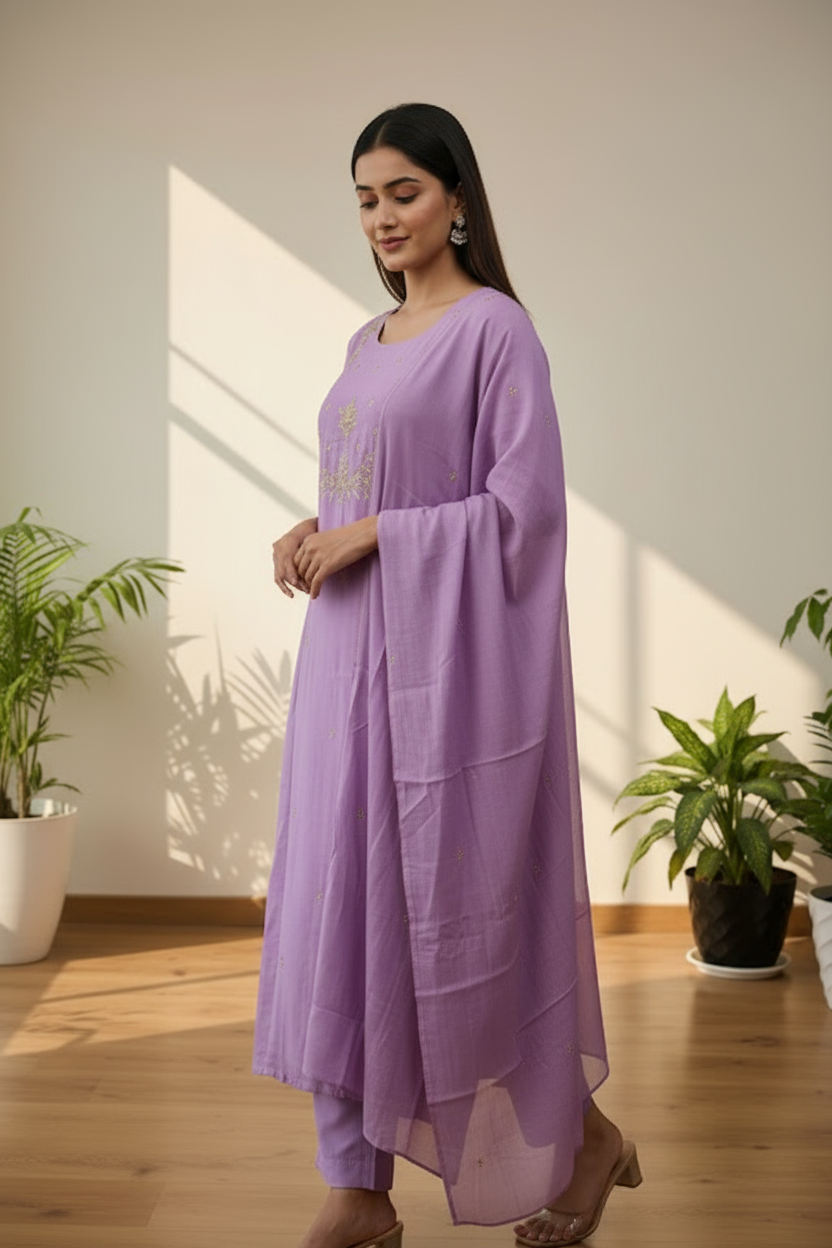 Lavender Grace Embroidered Kurti Set with Dupatta