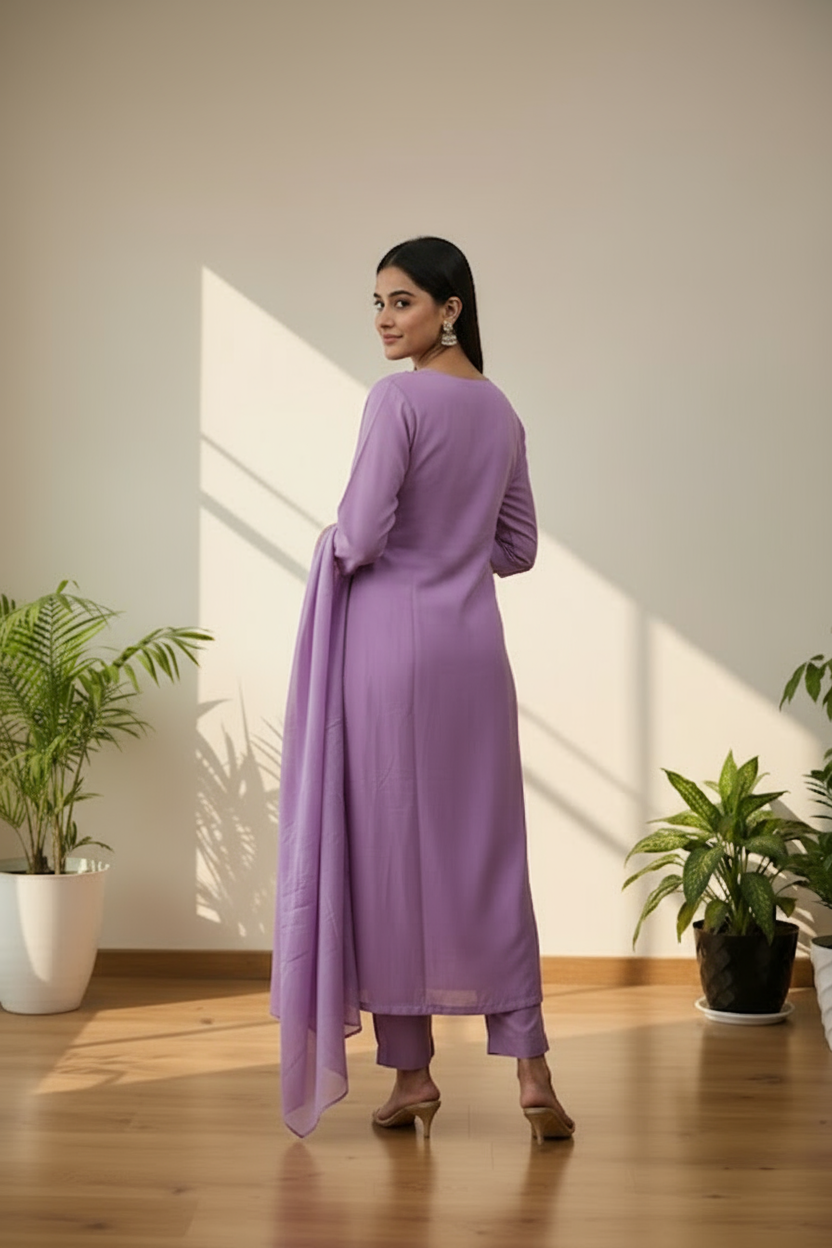 Lavender Grace Embroidered Kurti Set with Dupatta