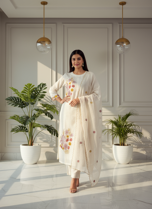 Ivory Bloom Embroidered Kurti Set with Dupatta