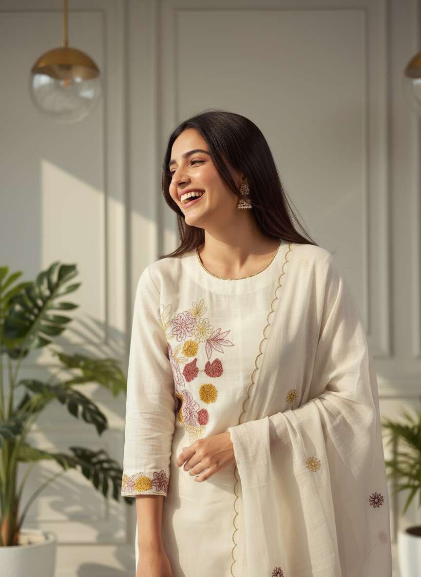Ivory Bloom Embroidered Kurti Set with Dupatta