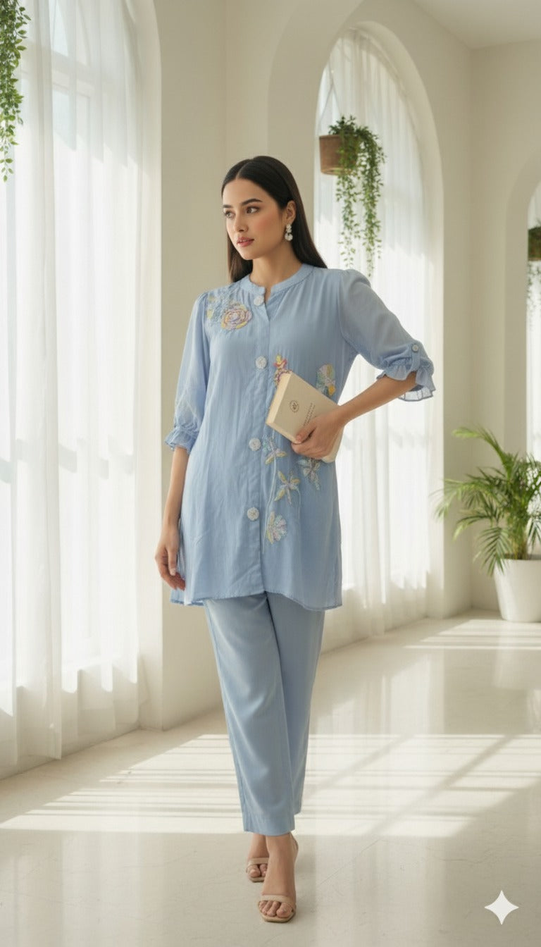 Sky Bloom Premium Embroidered Cord set