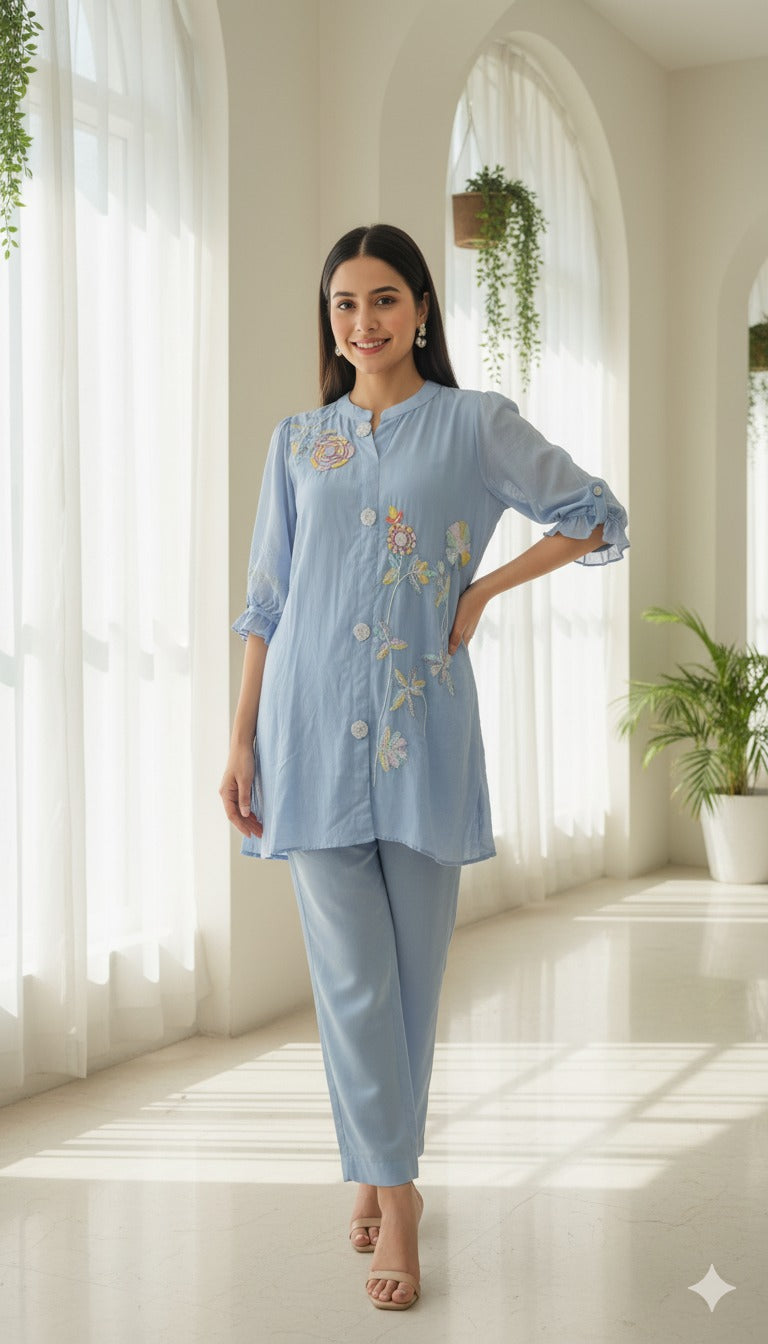 Sky Bloom Premium Embroidered Cord set