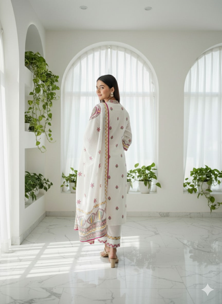 White Cotton Embroidered Kurta