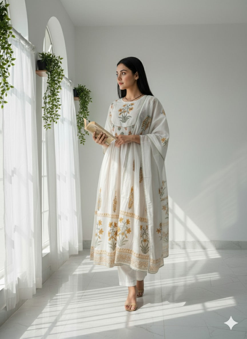 White Floral Anarkali Set