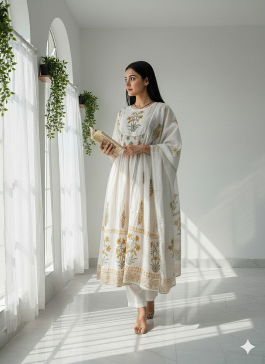 White Floral Anarkali Set