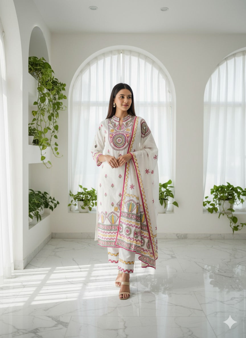 White Cotton Embroidered Kurta