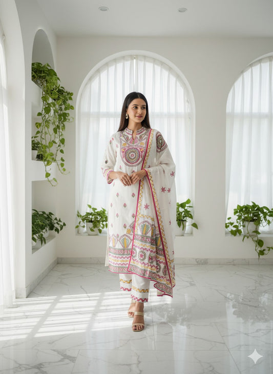 White Cotton Embroidered Kurta