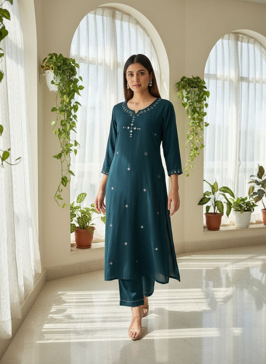 Teal Blue Kurta  Pant with Mirror Work
