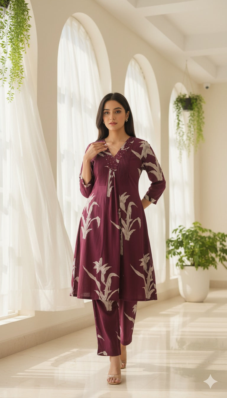 Wine Maroon Floral Printed Kurta Set